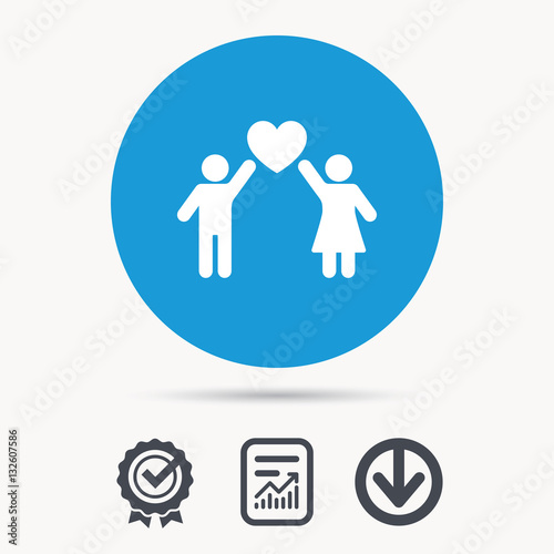 Couple love icon. Traditional young family symbol. Achievement check, download and report file signs. Circle button with web icon. Vector