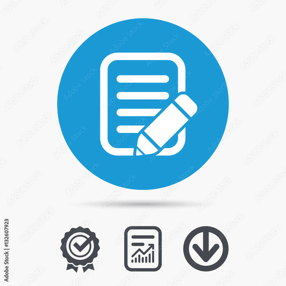 Edit icon. Pencil for drawing symbol. Achievement check, download and report file signs. Circle button with web icon. Vector Edit icon. Pencil for drawing symbol. Achievement check, download and report file signs. Circle button with web icon. Vector