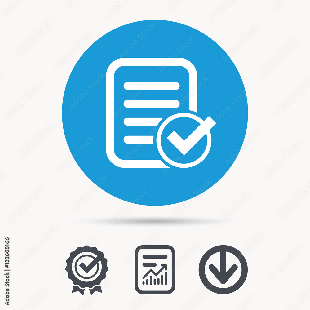 File selected icon. Document page with check symbol. Achievement check, download and report file signs. Circle button with web icon. Vector File selected icon. Document page with check symbol. Achievement check, download and report file signs. Circle button with web icon. Vector