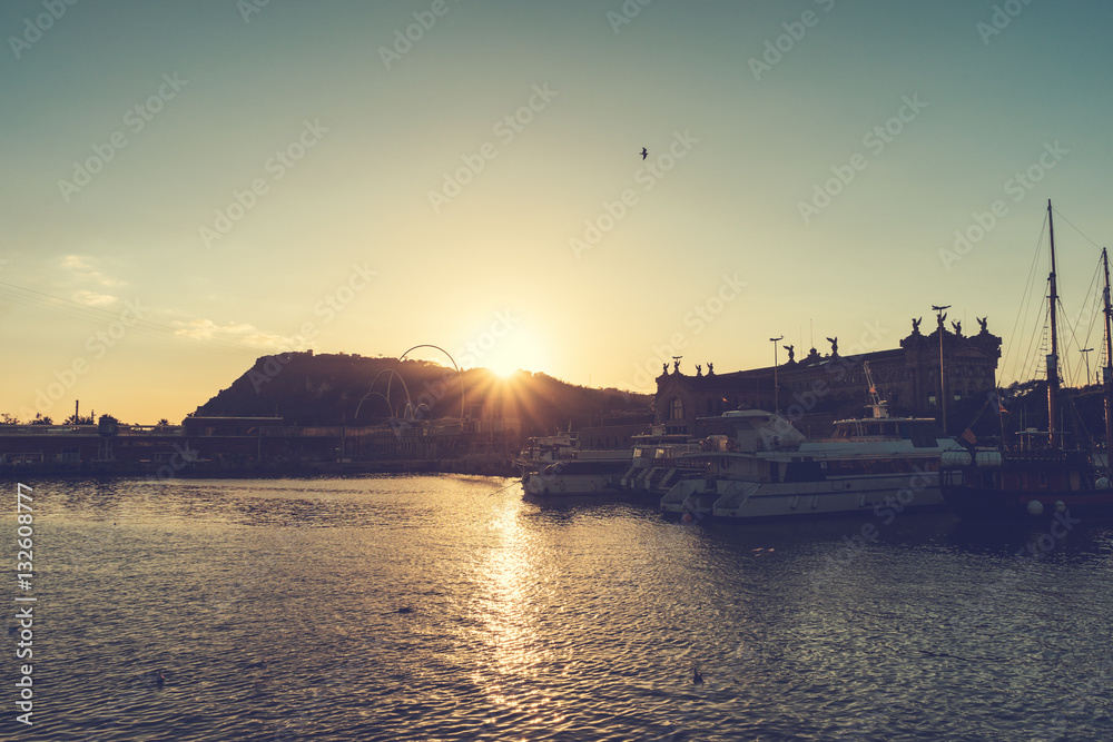 harbor of barcelona in the afternoon