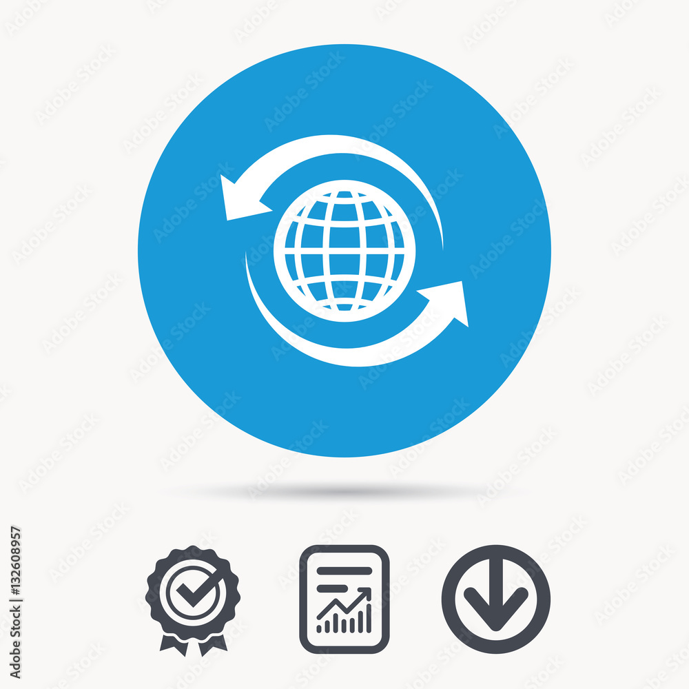 Globe icon. World or internet symbol. Achievement check, download and report file signs. Circle button with web icon. Vector Globe icon. World or internet symbol. Achievement check, download and report file signs. Circle button with web icon. Vector