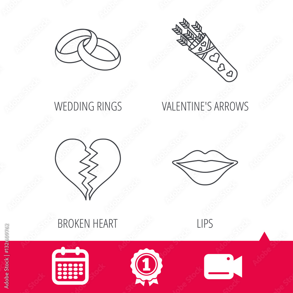 Achievement and video cam signs. Broken heart, kiss and wedding rings icons. Valentine amour arrows linear sign. Calendar icon. Vector