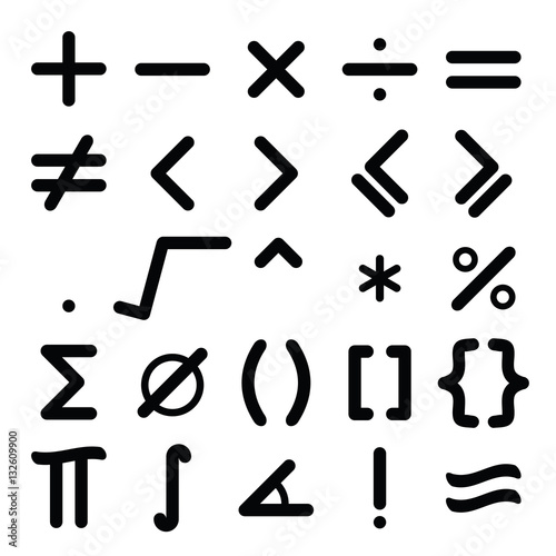 Black mathematical symbol icon set on white background