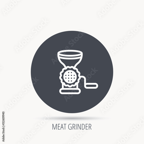 Meat grinder icon. Manual mincer sign. Kitchen tool symbol. Round web button with flat icon. Vector