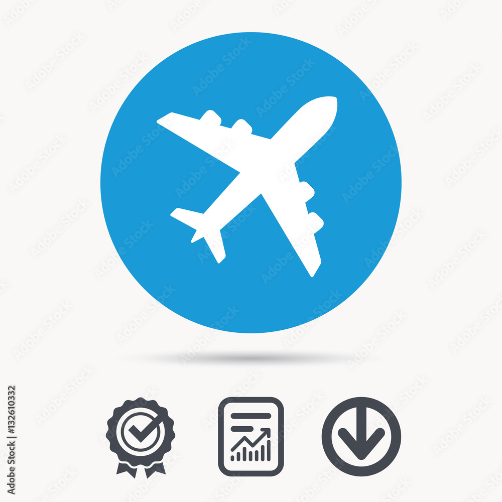 Plane icon. Flight transport symbol. Achievement check, download and report file signs. Circle button with web icon. Vector