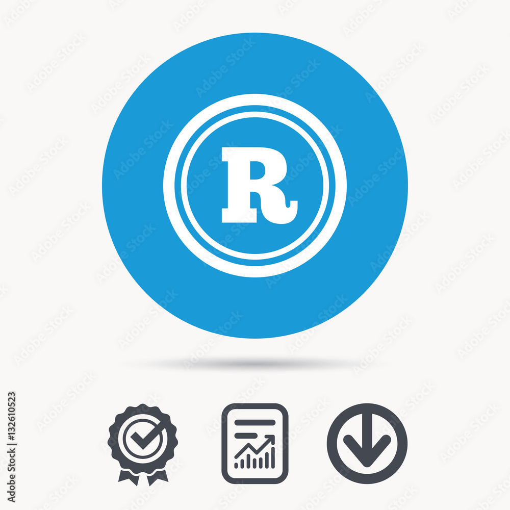 Registered trademark icon. Intellectual work protection symbol. Achievement check, download and report file signs. Circle button with web icon. Vector Registered trademark icon. Intellectual work protection symbol. Achievement check, download and report file signs. Circle button with web icon. Vector