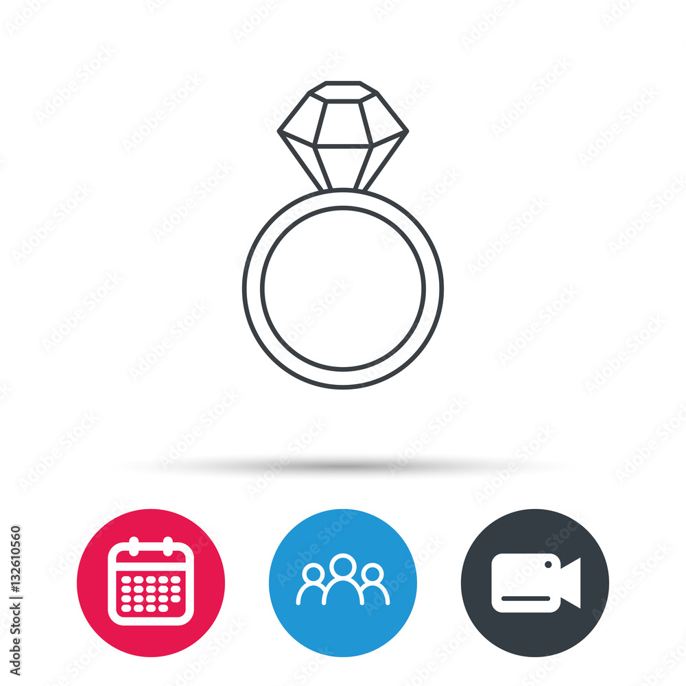 Ring with diamond icon. Jewellery sign. Group of people, video cam and calendar icons. Vector Ring with diamond icon. Jewellery sign. Group of people, video cam and calendar icons. Vector