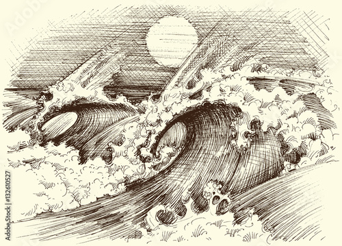 Huge sea waves etching, sun at the horizon