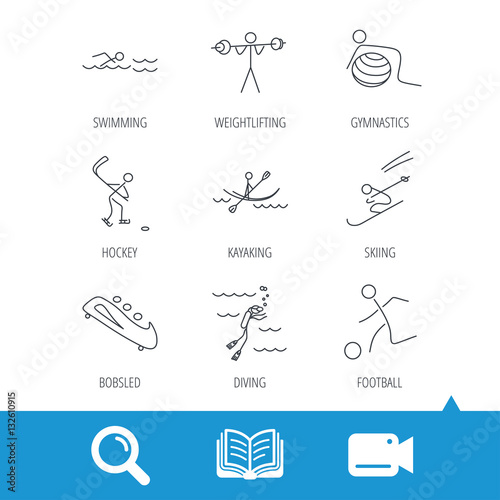 Swimming, football and skiing icons. Ice hockey, diving and gymnastics linear signs. Kayaking, weightlifting and bobsleigh icons. Video cam, book and magnifier search icons. Vector