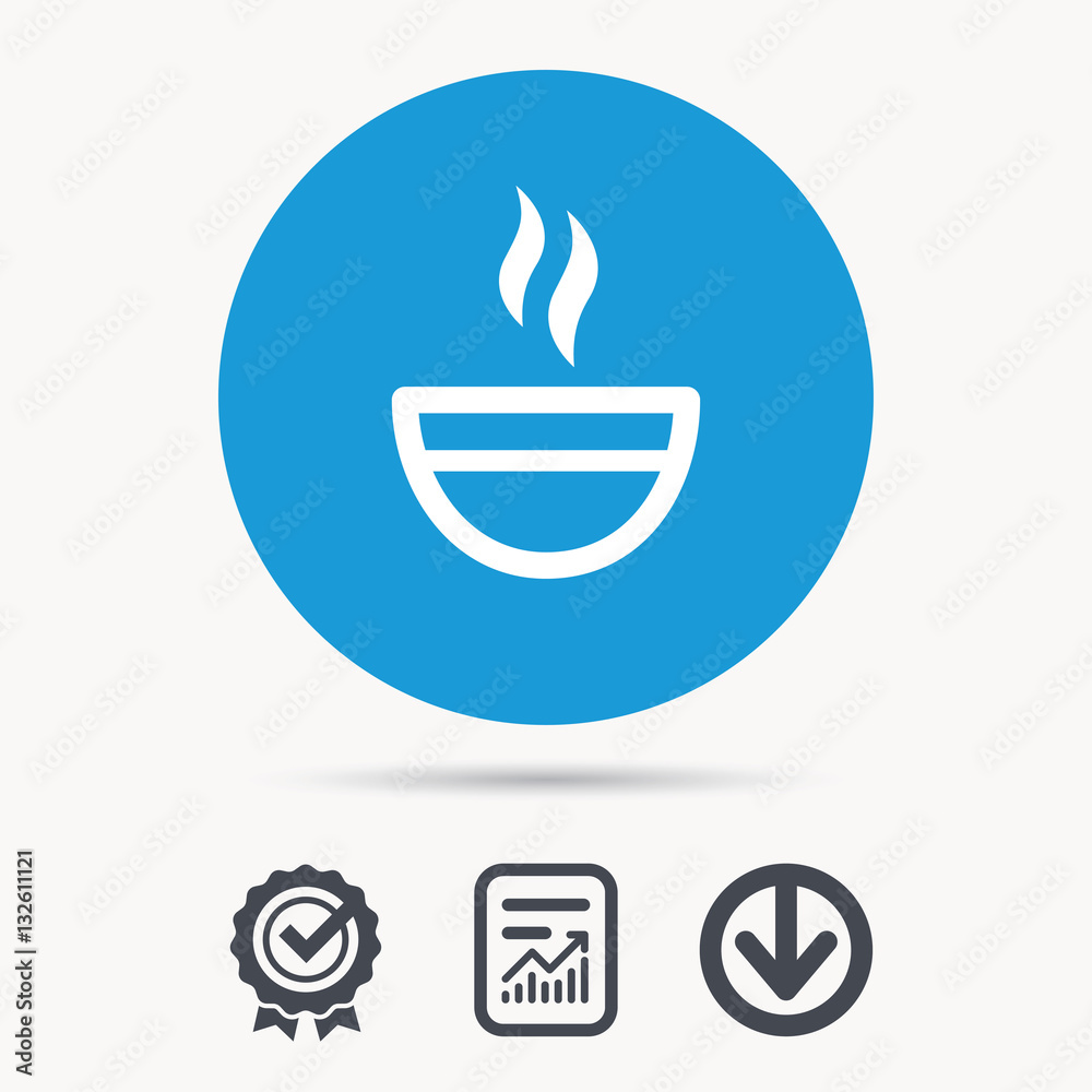 Tea cup icon. Hot coffee drink symbol. Achievement check, download and report file signs. Circle button with web icon. Vector Tea cup icon. Hot coffee drink symbol. Achievement check, download and report file signs. Circle button with web icon. Vector