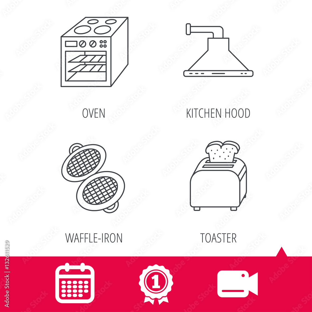 Achievement and video cam signs. Oven, toaster and waffle-iron icons. Kitchen hood linear sign. Calendar icon. Vector Achievement and video cam signs. Oven, toaster and waffle-iron icons. Kitchen hood linear sign. Calendar icon. Vector
