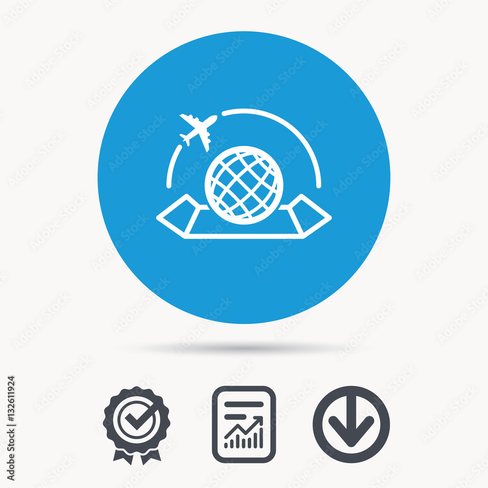 World map icon. Globe with airplane sign. Plane travel symbol. Achievement check, download and report file signs. Circle button with web icon. Vector World map icon. Globe with airplane sign. Plane travel symbol. Achievement check, download and report file signs. Circle button with web icon. Vector