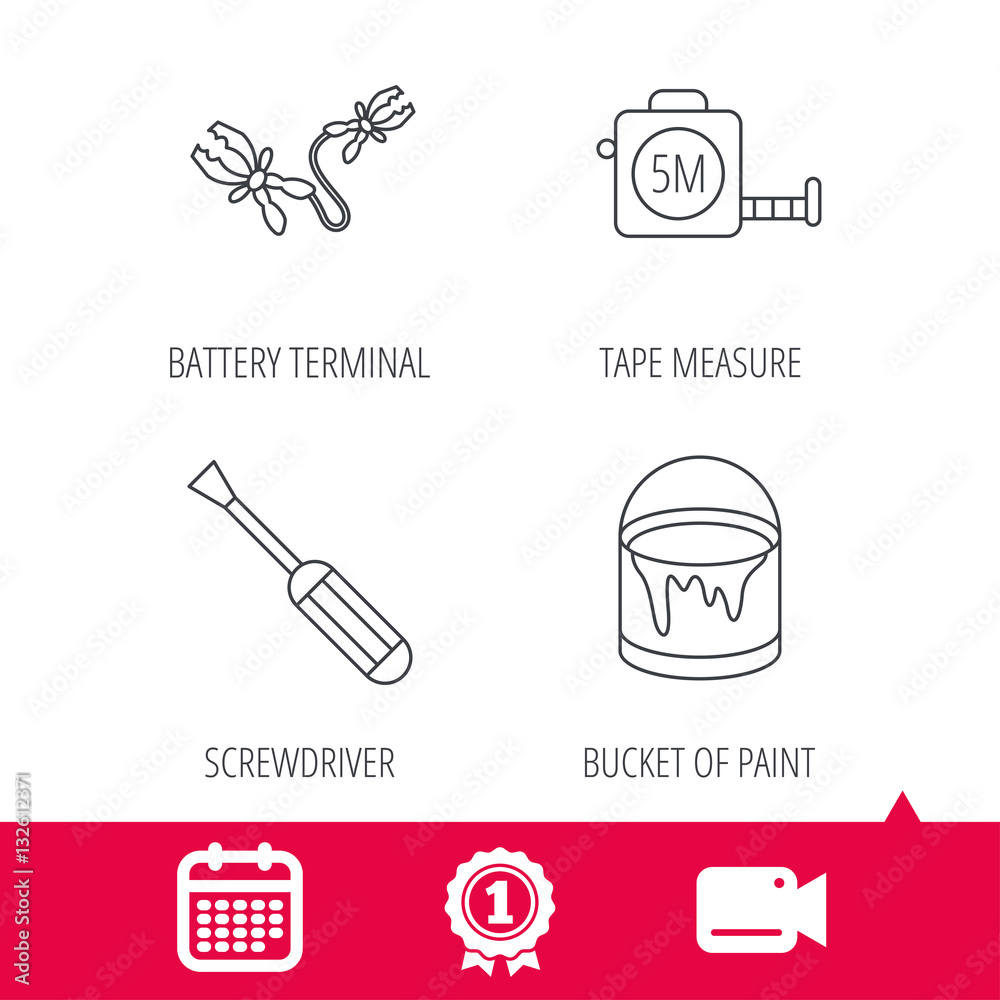 Achievement and video cam signs. Screwdriver, battery terminal and tape measure icons. Bucket of paint linear sign. Calendar icon. Vector Achievement and video cam signs. Screwdriver, battery terminal and tape measure icons. Bucket of paint linear sign. Calendar icon. Vector