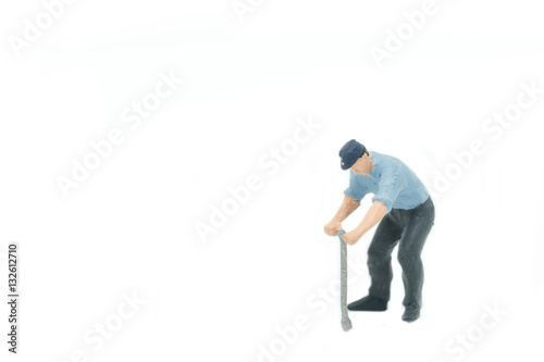 Miniature people Track workers concept on white background
