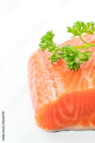 Fresh salmon steak on white background.