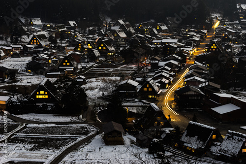 Nightview of Gassho Zukuri Houses in Shirakawa-Go in Gifu, Japan (白川郷 合掌造り集落夜景) © motive56