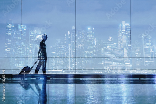 Canvas Print travel by plane concept, double exposure, silhouette of woman in airport
