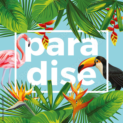 slogan paradise toucan flamingo tropical leaves blue background