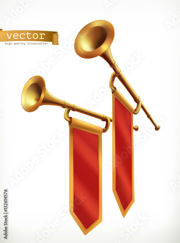 Fanfare. Gold trumpet. 3d vector icon