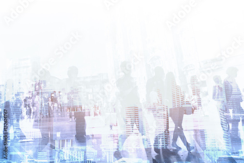 corporate business company background, abstract people walking near modern office buildings