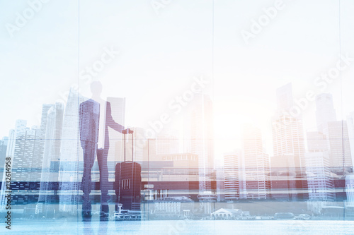 business travel  double exposure background  businessman in the airport