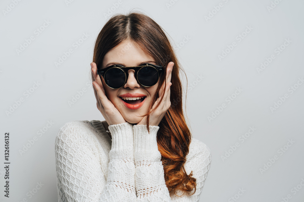 beautiful woman with sunglasses, red hair, hands