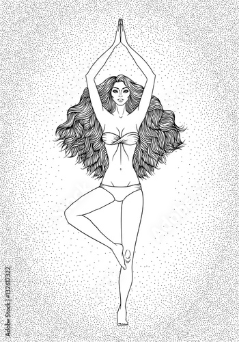 Yoga woman vector illustration. Pose Vrikshasana. Girl Meditation