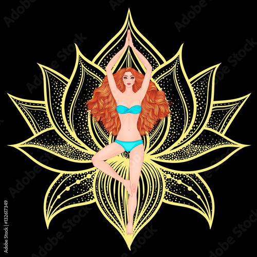 Yoga woman vector illustration. Pose Vrikshasana. Girl Meditation