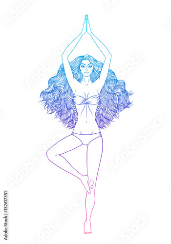 Yoga woman vector illustration. Pose Vrikshasana. Girl Meditation