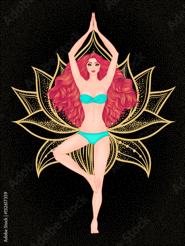 Yoga woman vector illustration. Pose Vrikshasana. Girl Meditation