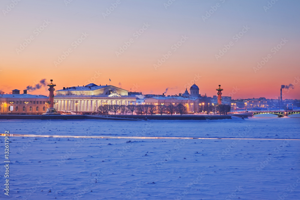 Naklejka premium The Stock Exchange and the Rostral Columns. Spit of Vasilievsky Island. Saint-Petersburg. Russia