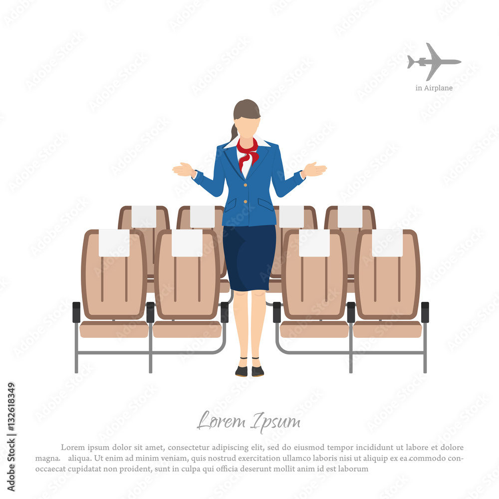 Stewardess transplants passengers on the seats in the airplane. Stewardess transplants passengers on the seats in the airplane.