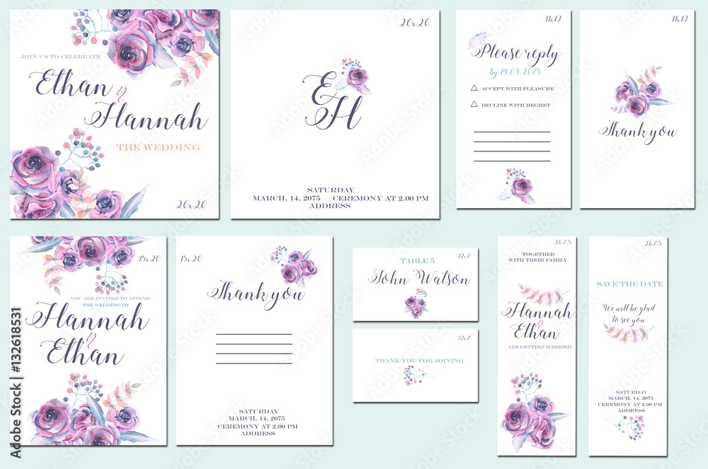 Template cards set with watercolor purple roses; wedding design for invitation, number, RSVP, Thank you card, for anniversary day