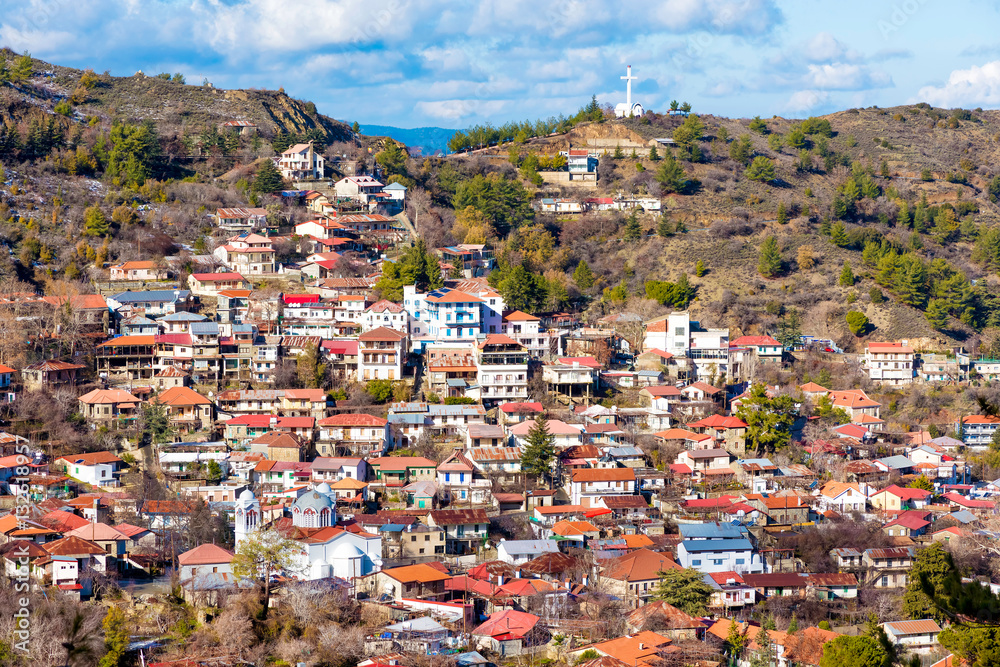 Panoramic view of mountain village of Pedoulas. Nicosia District, Cyprus.