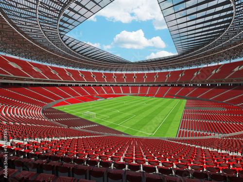 3D render of a round football - soccer stadium with red seats and VIP boxes