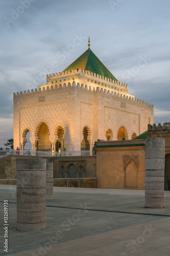 The Mausoleum of Mohammed V, a historical building located on the opposite side of the Hassan Tower
