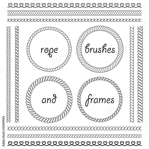 Set of round vector frames from marine rope isolated on white background. Collection of thick and thin brushes to design frames and borders simulating a braided rope. The brush included in the file