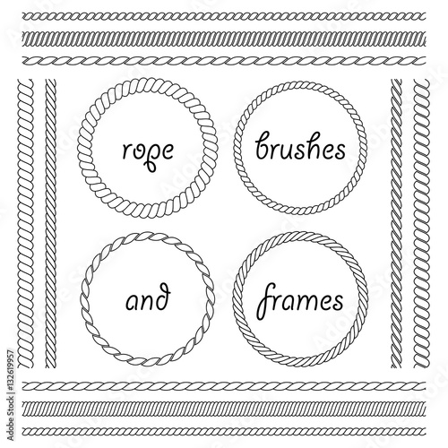 Set of round vector frames from rope isolated on white background. Collection of thick and thin brushes to design frames, borders and divider simulating a braided rope. The brush included in the file