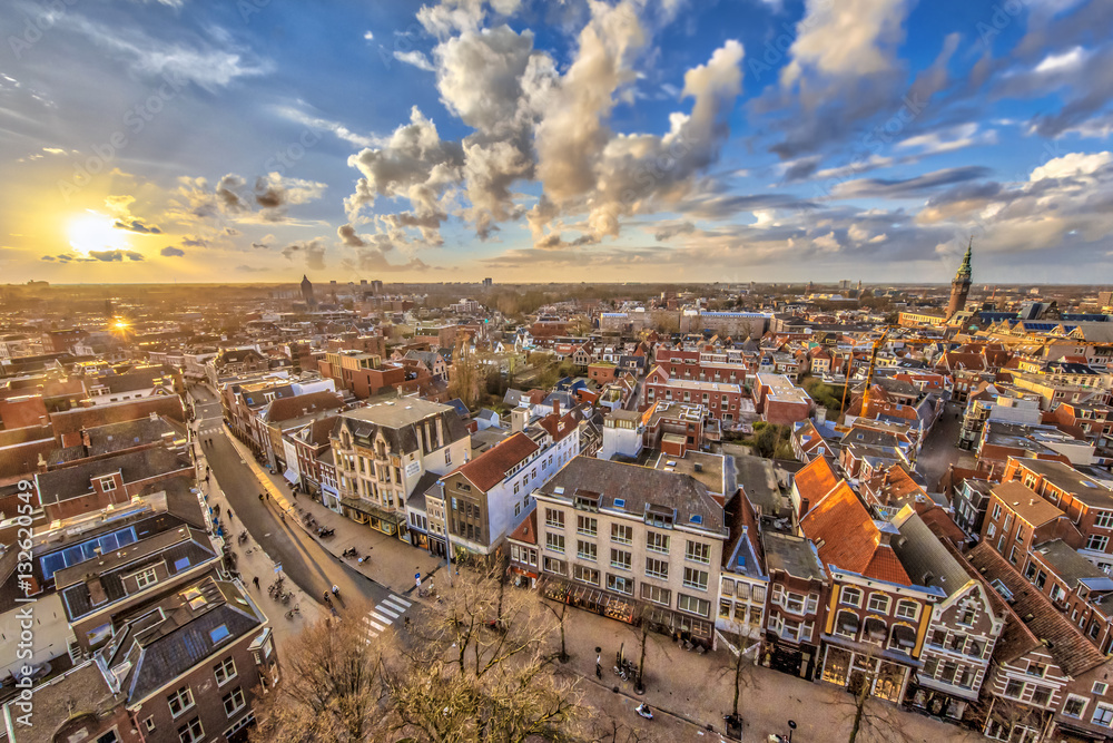Aerial View over Groningen city at sunset