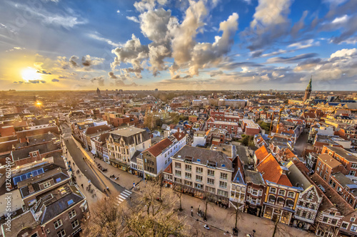 Aerial View over Groningen city at sunset