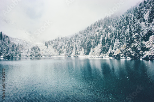 Winter Lake and snowy coniferous Forest Landscape Travel foggy serene scenic view