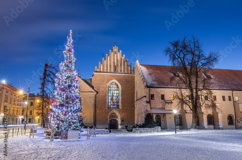 Krakow, Poland, St Francis church and Christmas tree on winter night