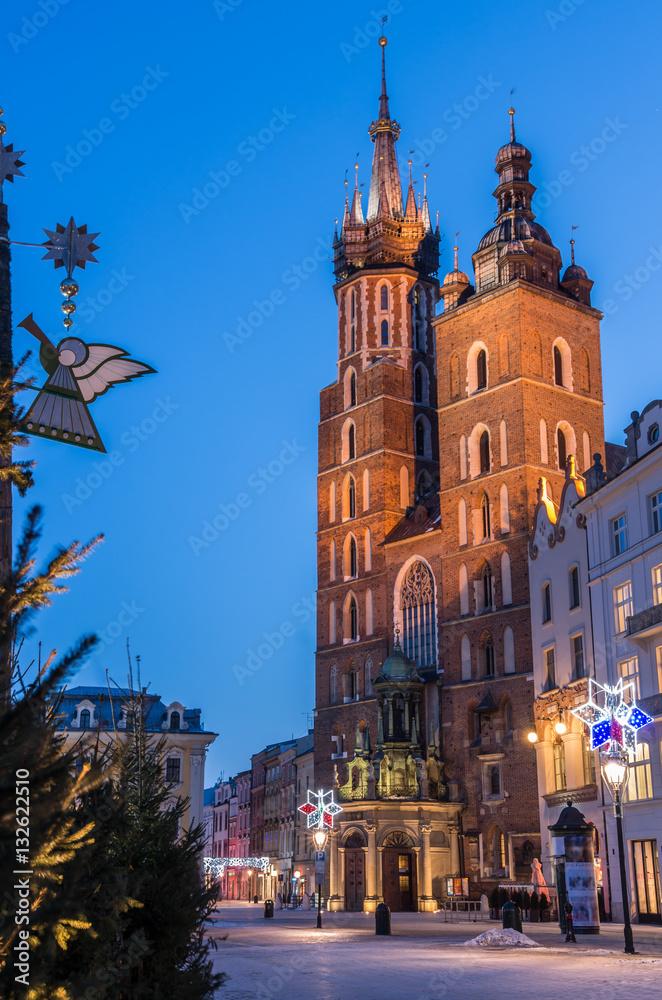 Krakow, Poland, St Mary's church and Christmas decorations