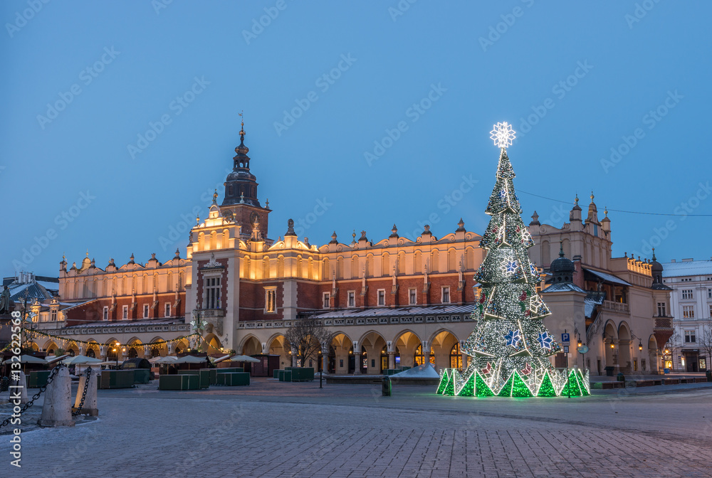 Krakow, Poland, Cloth hall (Sukiennice) and Main Market square decorated for Christmas