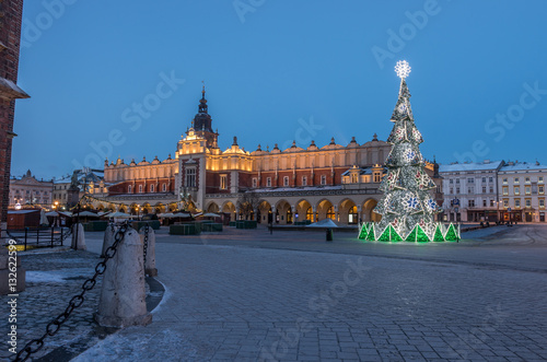 Krakow, Poland, Cloth hall (Sukiennice) and Main Market square decorated for Christmas