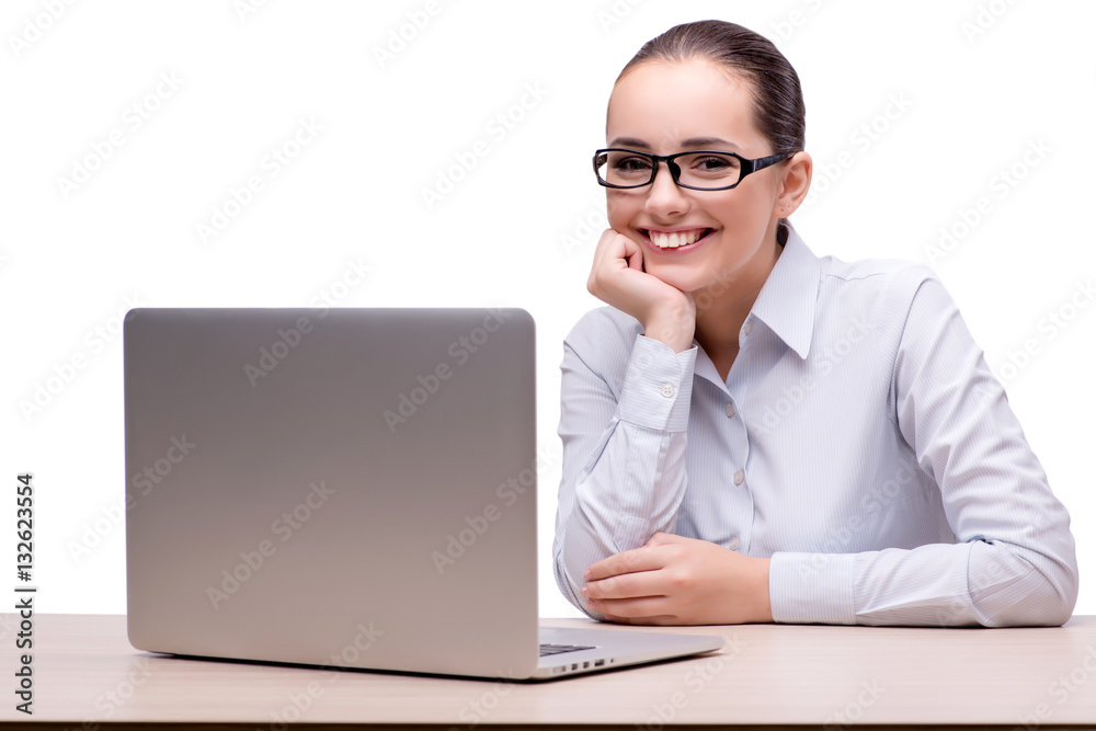 Businesswoman working at her desk on white background Businesswoman working at her desk on white background