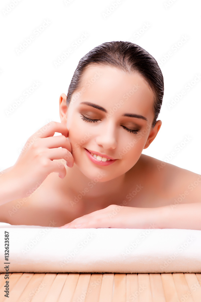 Young beautiful woman in health concept on white background Young beautiful woman in health concept on white background