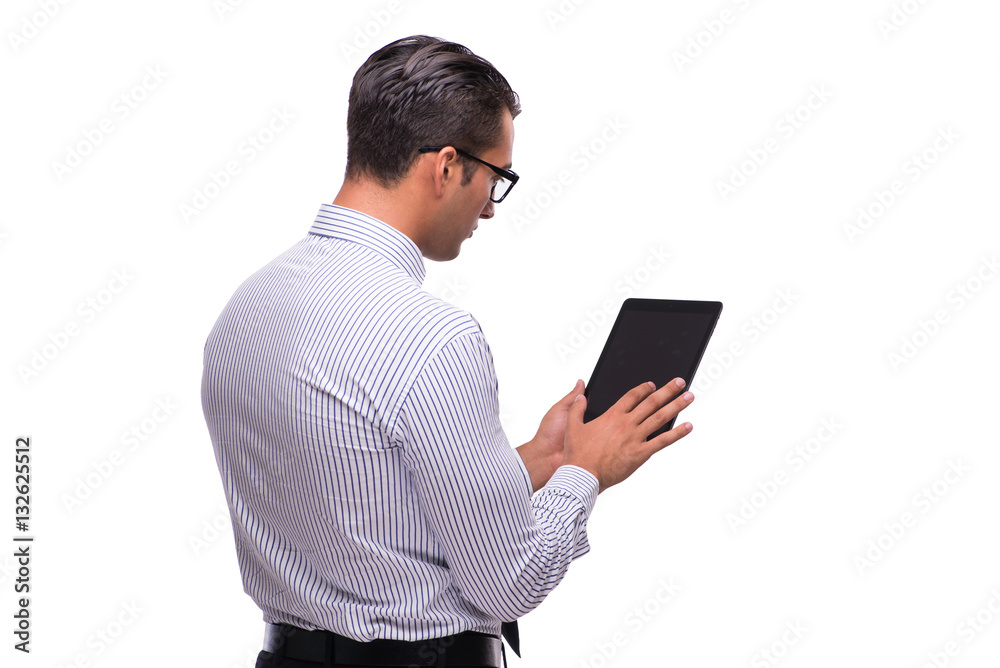 Businessman using his tablet computer isolated on white Businessman using his tablet computer isolated on white