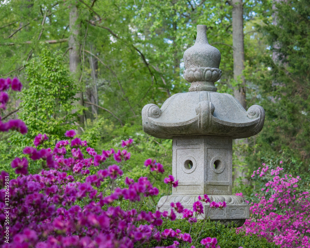 Botanical garden with blooming Azaleas and sculpture. Sarah P. Duke gardens in North Carolina.