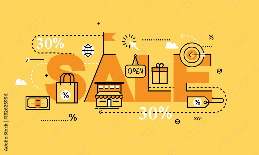 Word SALE for website banners. Flat line business vector illustration design and infographic elements for shopping, e-commerce services, promotions, discounts, sale, internet and online sale